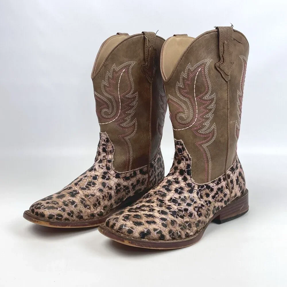 ROPER Little Kids Girls Size 3 Glitter Leopard Square Toe Western Cowboy Boots